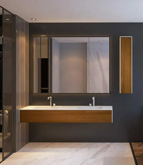 Corian® Doppelwaschtisch WoodOne eckig mit Unterschrank einreihig by Henneke