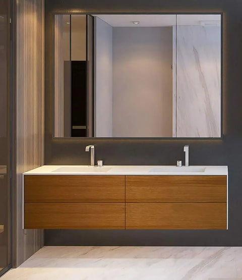 Double vasque Corian® WoodOne+ angulaire avec meuble bas à deux rangées par Henneke