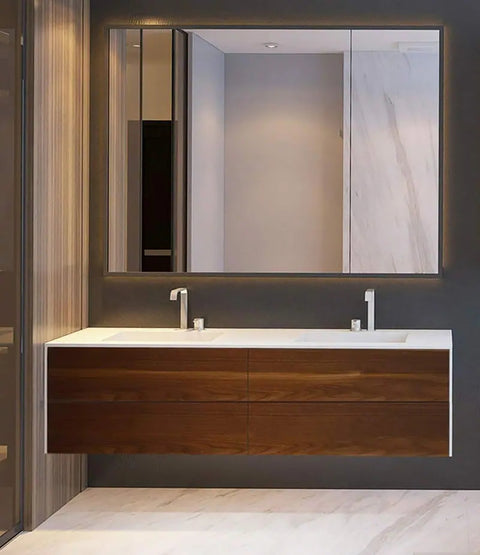 Double vasque Corian® WoodOne+ angulaire avec meuble bas à deux rangées par Henneke