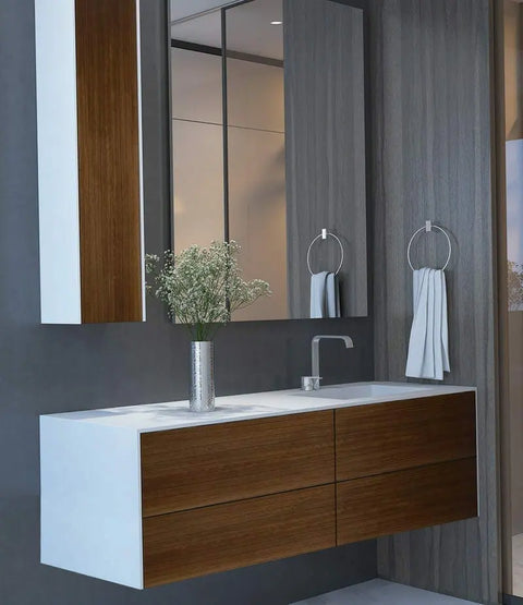 Corian® Waschtisch WoodOne+ mit Becken rechts eckig und Unterschrank zweireihig