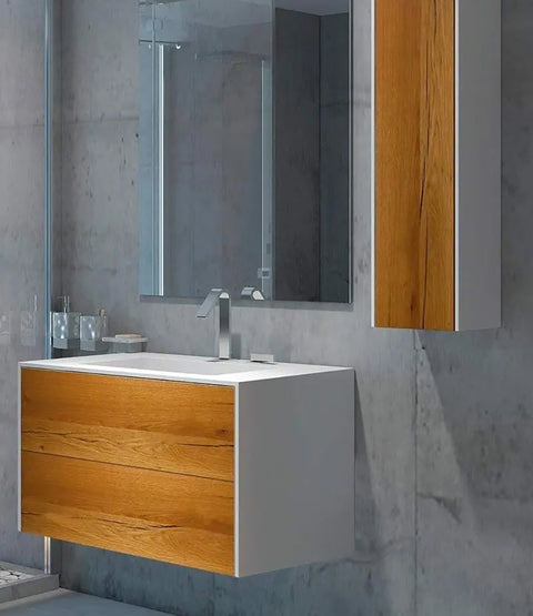 Corian® Washbasin WoodOne+ with centered rectangular basin and two-row vanity unit