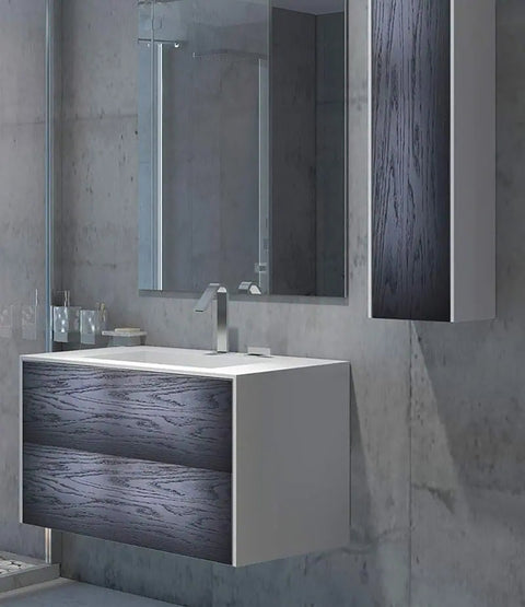 Corian® Washbasin WoodOne+ with centered rectangular basin and two-row vanity unit