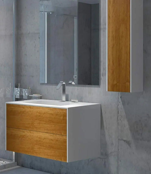 Corian® Washbasin WoodOne+ with centered rectangular basin and two-row vanity unit