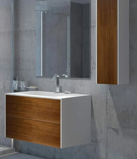 Corian® Washbasin WoodOne+ with centered rectangular basin and two-row vanity unit