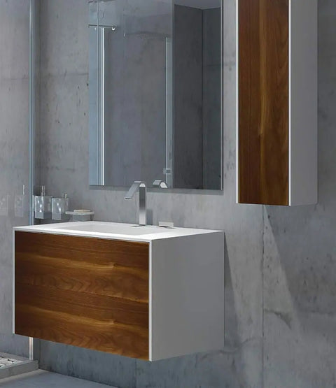 Corian® Washbasin WoodOne+ with centered rectangular basin and two-row vanity unit