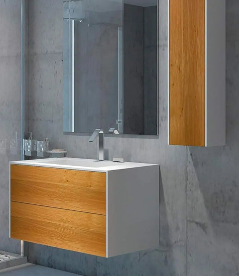 Corian® Washbasin WoodOne+ with centered rectangular basin and two-row vanity unit