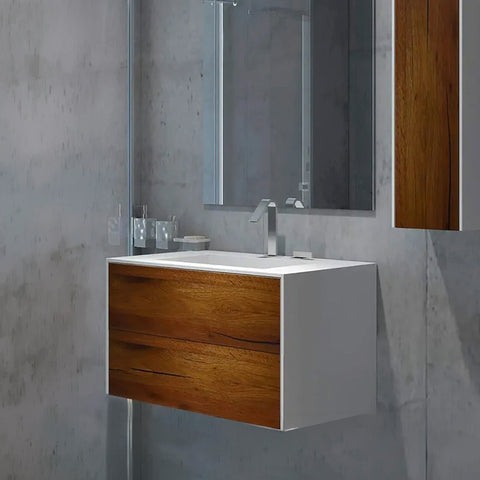 Corian® Washbasin WoodOne+ with centered rectangular basin and two-row vanity unit