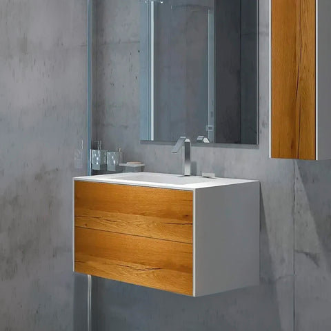 Corian® Washbasin WoodOne+ with centered rectangular basin and two-row vanity unit
