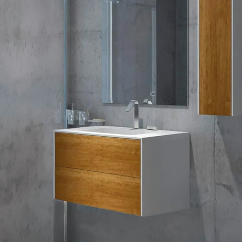 Corian® Washbasin WoodOne+ with centered rectangular basin and two-row vanity unit