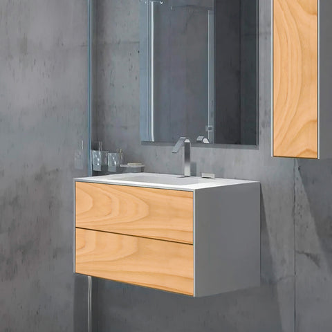 Lavabo Corian® WoodOne+ avec vasque rectangulaire centrée et meuble sous-vasque à deux tiroirs