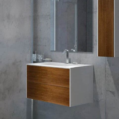 Corian® Washbasin WoodOne+ with centered rectangular basin and two-row vanity unit
