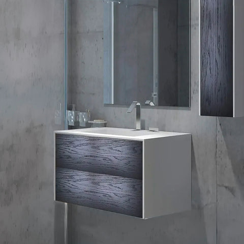 Corian® Washbasin WoodOne+ with centered rectangular basin and two-row vanity unit