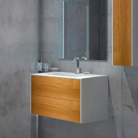 Corian® Washbasin WoodOne+ with centered rectangular basin and two-row vanity unit
