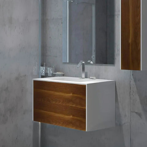 Corian® Washbasin WoodOne+ with centered rectangular basin and two-row vanity unit
