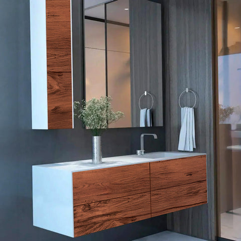 Corian® WoodOne+ Washbasin with rectangular right-hand basin and two-row vanity unit
