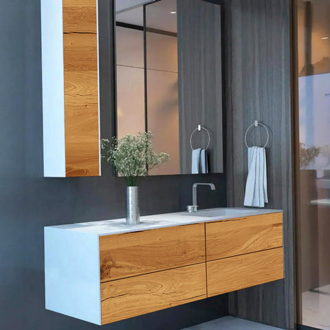 Corian® WoodOne+ Washbasin with rectangular right-hand basin and two-row vanity unit