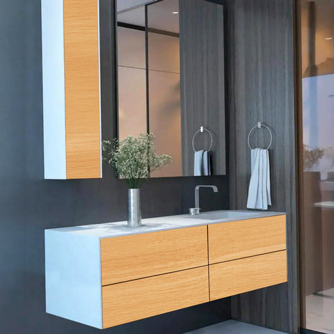 Corian® WoodOne+ Washbasin with rectangular right-hand basin and two-row vanity unit