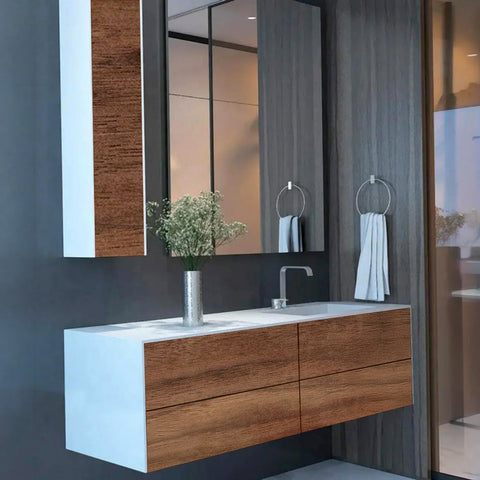 Corian® WoodOne+ Washbasin with rectangular right-hand basin and two-row vanity unit