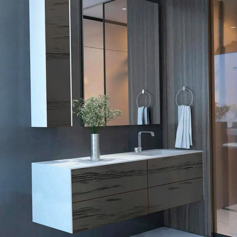 Corian® WoodOne+ Washbasin with rectangular right-hand basin and two-row vanity unit