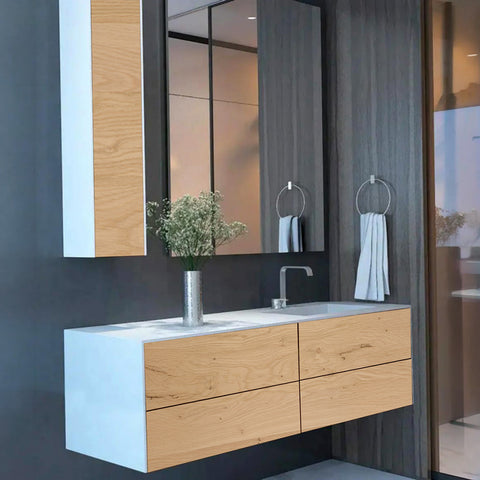 Corian® WoodOne+ Washbasin with rectangular right-hand basin and two-row vanity unit